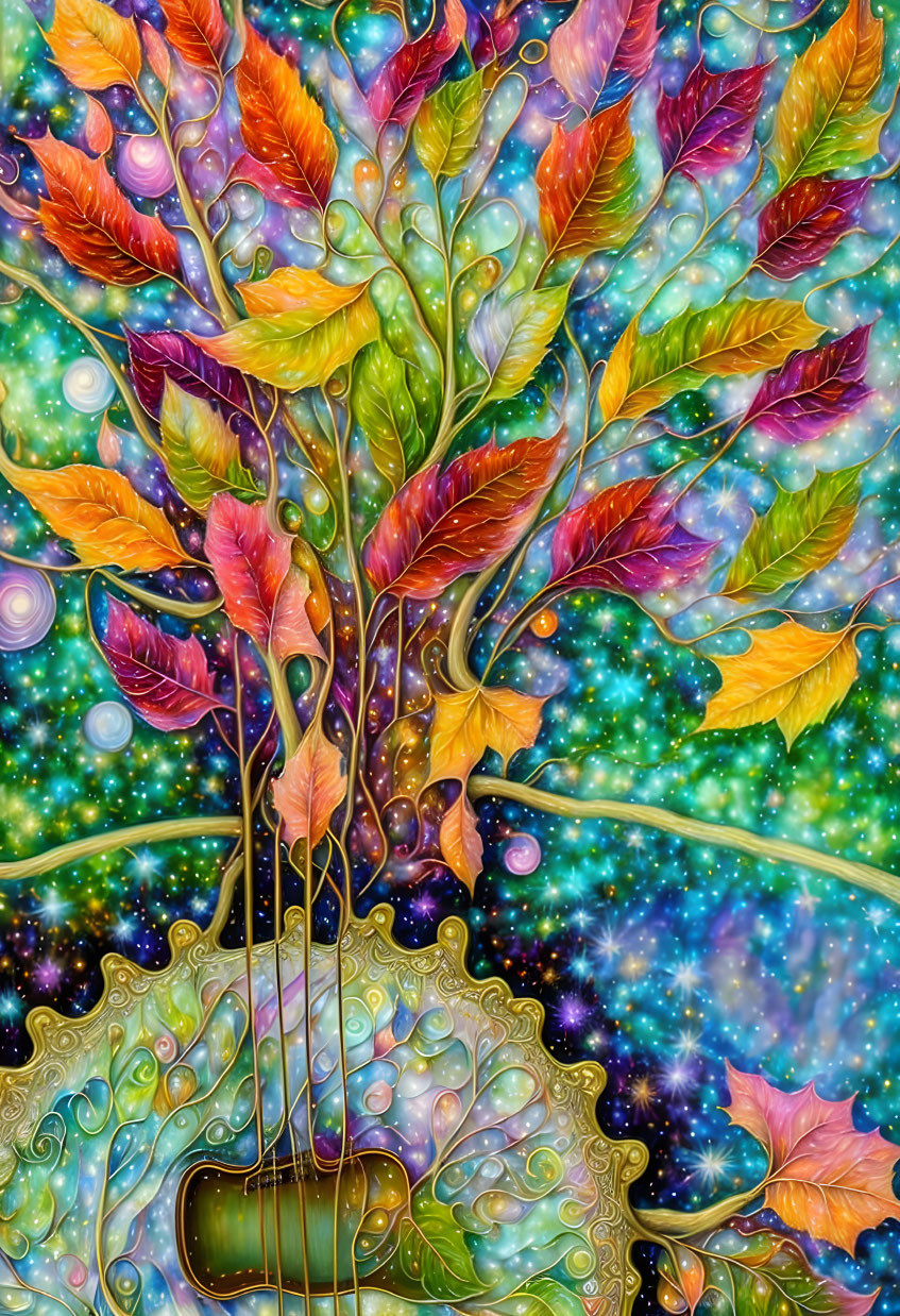 Colorful Whimsical Tree with Rainbow Leaves and Musical Instruments on Cosmic Background