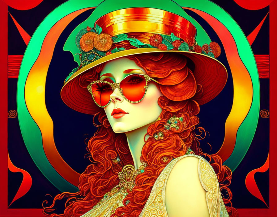 Vibrant illustration: Woman with red hair, floral hat, stylish sunglasses on psychedelic background