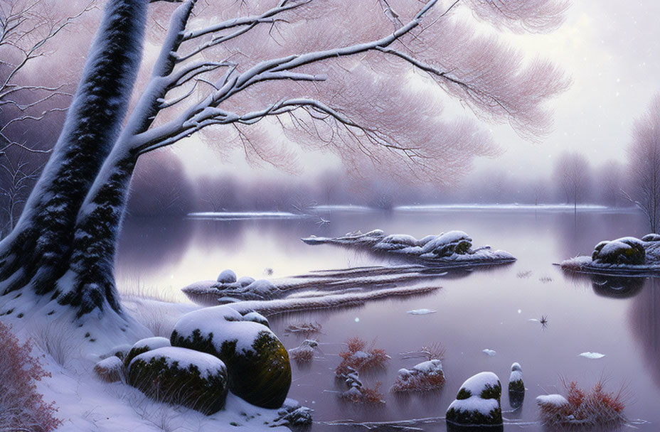 Snow-covered trees and calm lake in serene winter landscape