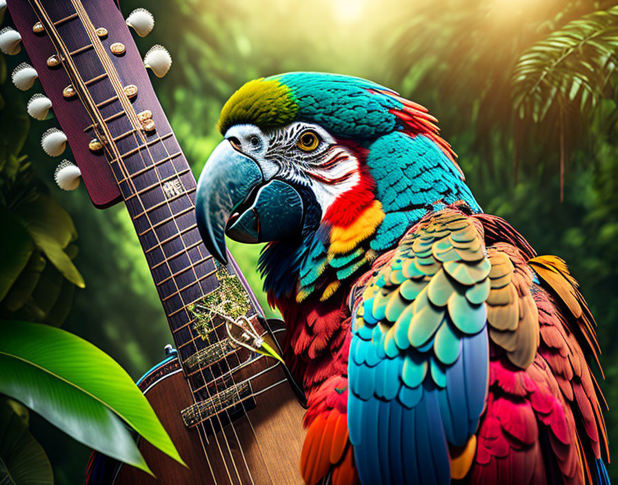 Vibrant parrot with guitar on lush green backdrop