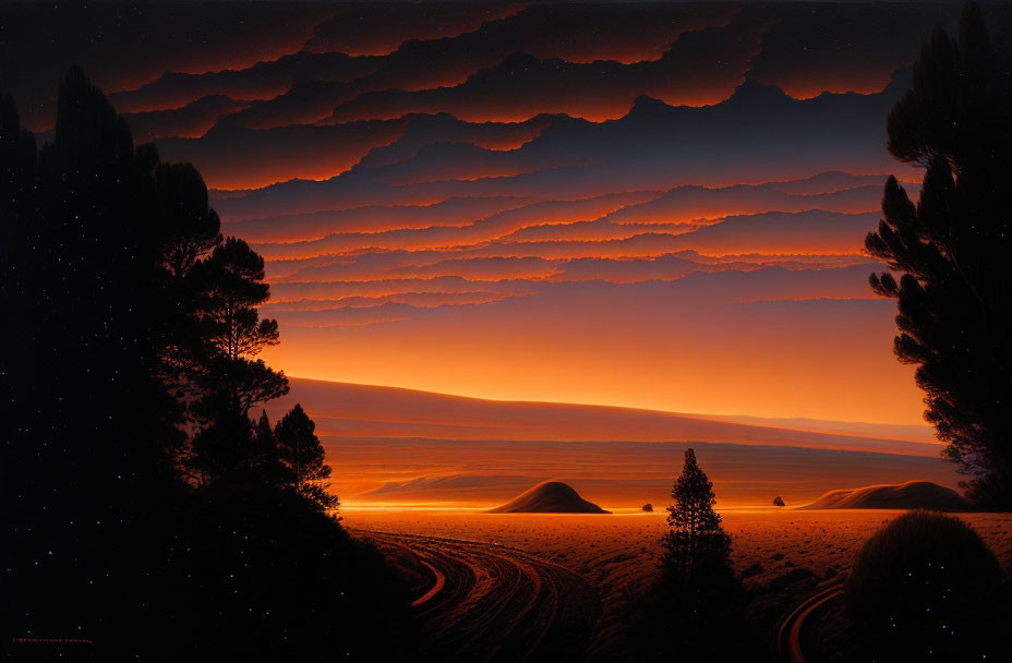 Tranquil dusk landscape with clouds, silhouetted trees, hills, and glowing horizon