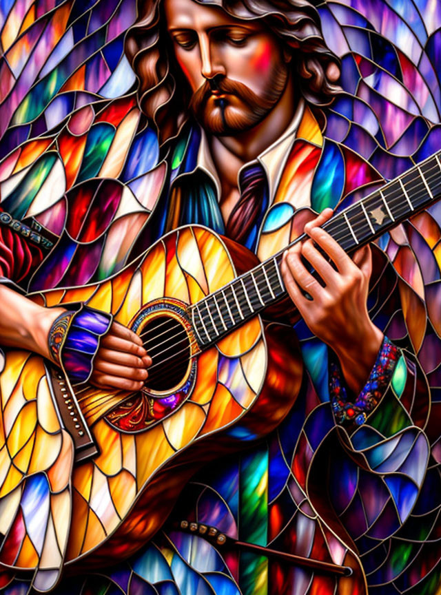 Colorful Stained Glass Art: Person with Long Hair Playing Guitar