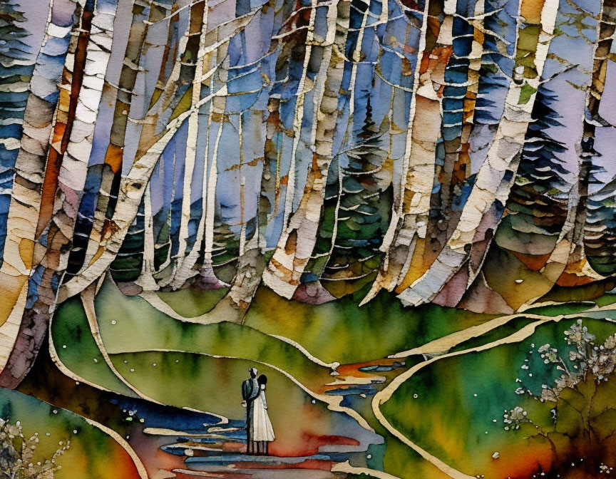 Serene forest watercolor with birch trees and couple by stream