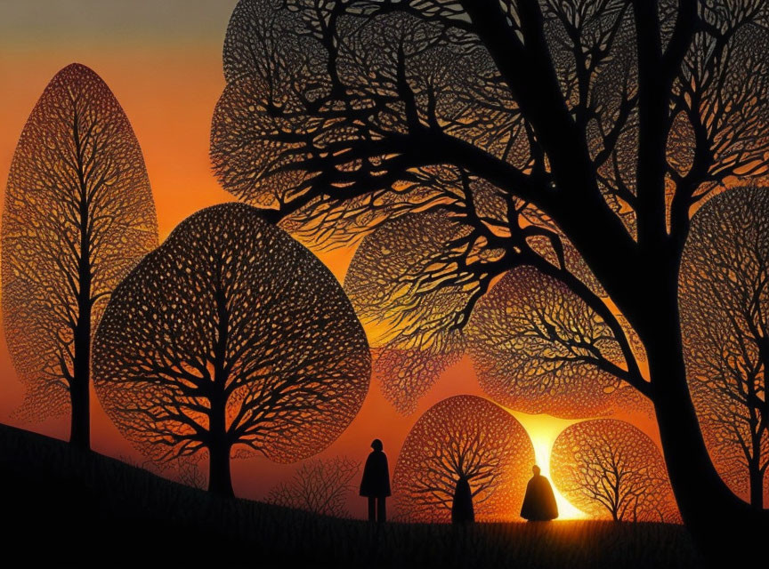 Silhouette of trees and two people at vibrant sunset.