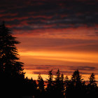 Tranquil dusk landscape with clouds, silhouetted trees, hills, and glowing horizon