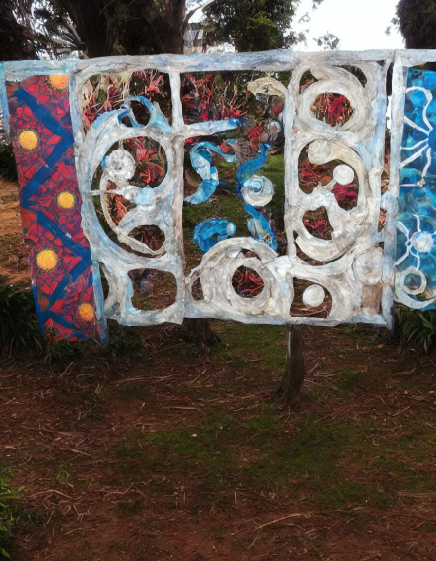 Colorful Swirling Outdoor Sculpture Among Trees