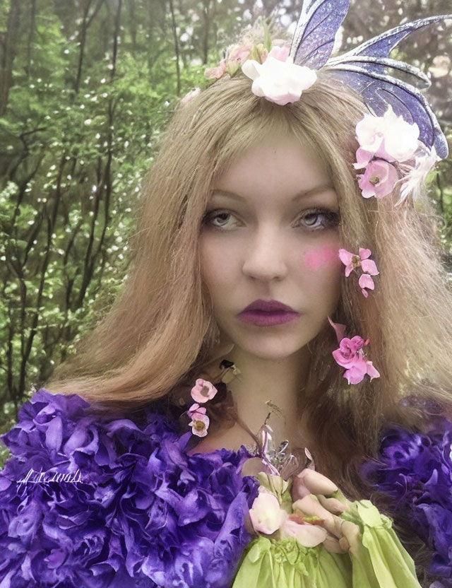 Blonde Hair with Pink Flowers, Butterfly Wings, Purple and Green Attire on Blurred Green Background