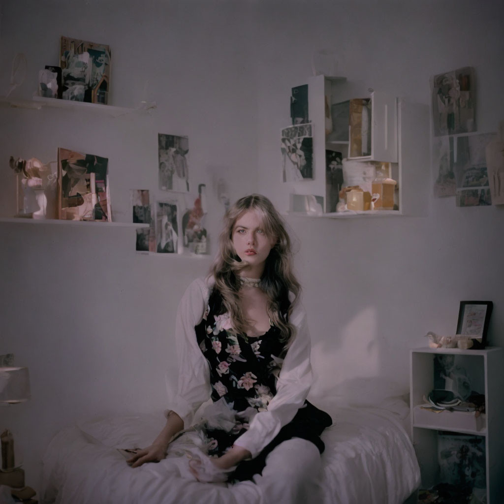 Woman sitting on bed with Polaroid photos and candles in dimly lit room