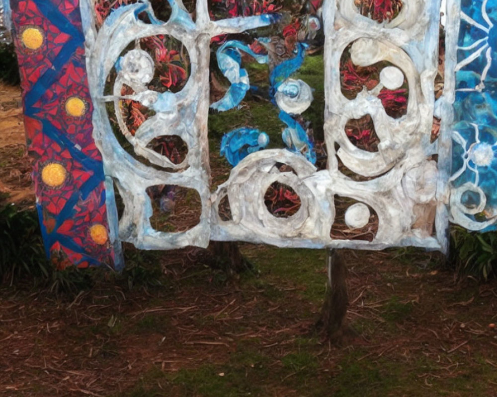 Colorful Swirling Outdoor Sculpture Among Trees