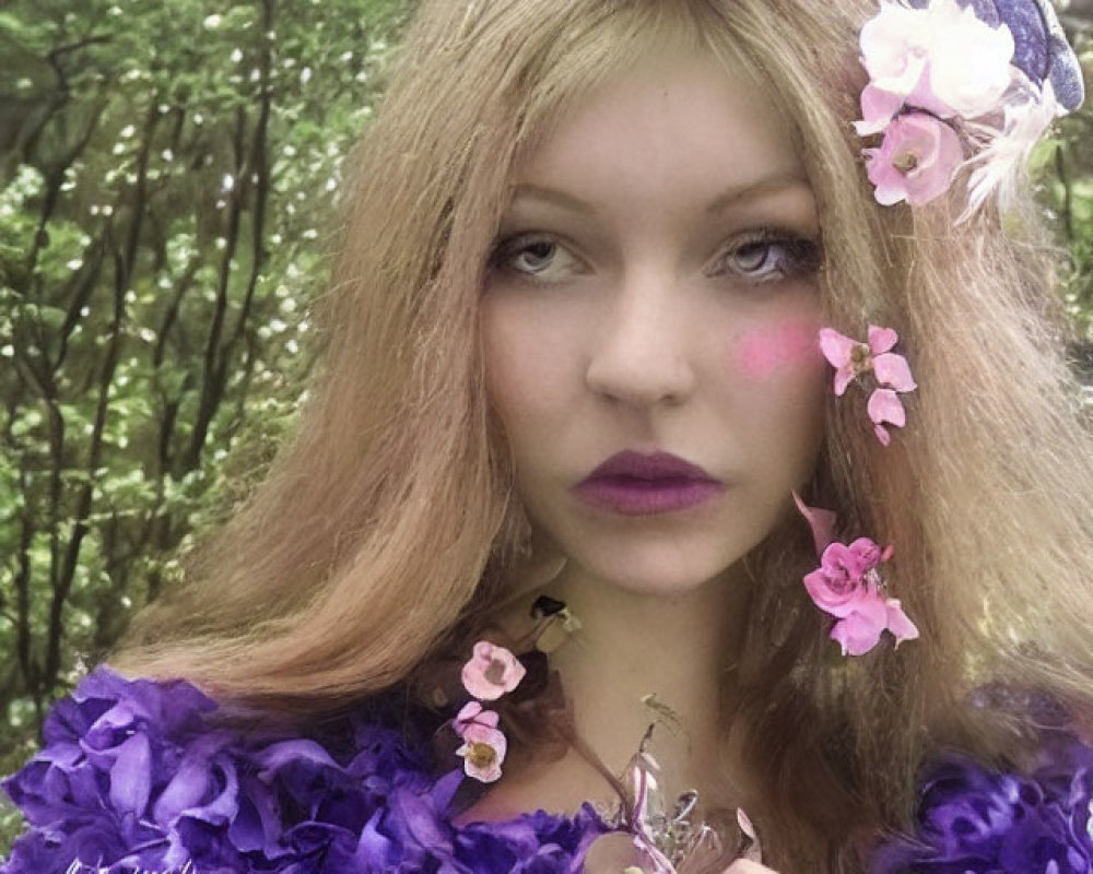 Blonde Hair with Pink Flowers, Butterfly Wings, Purple and Green Attire on Blurred Green Background