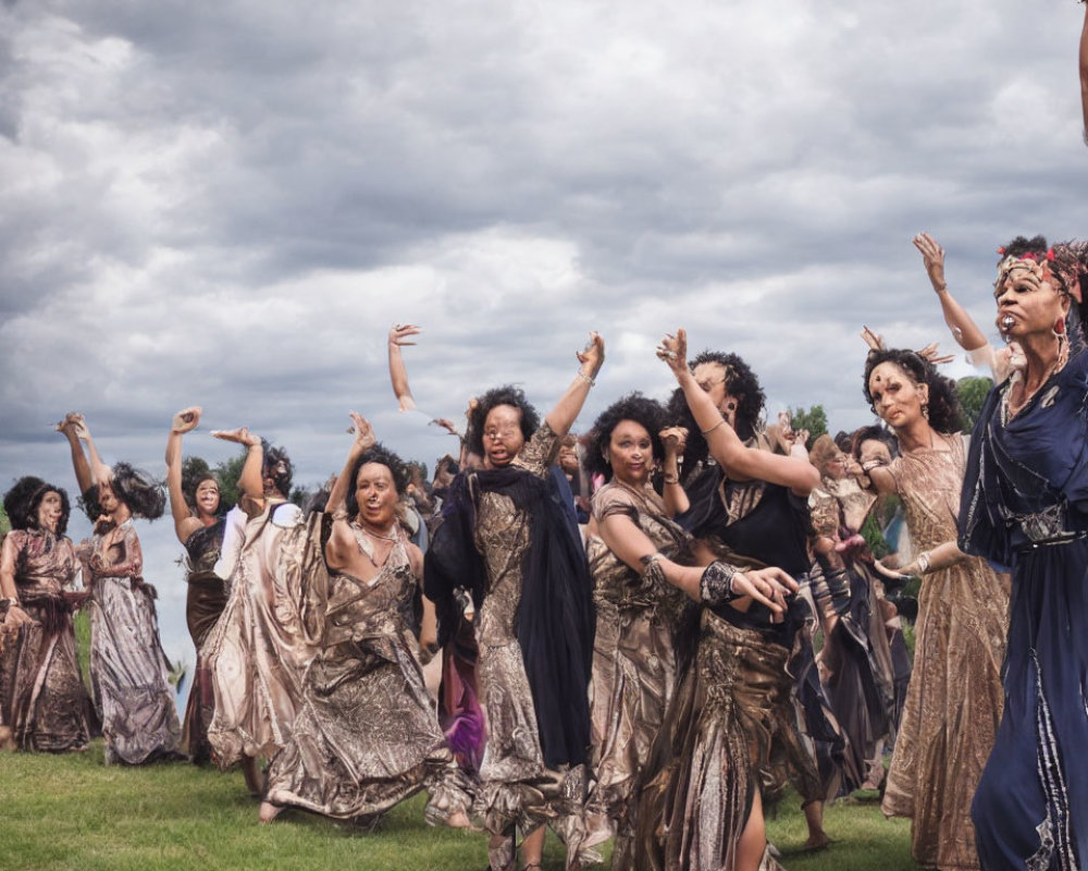 Group of people dancing outdoors in expressive poses on grassy field under cloudy sky