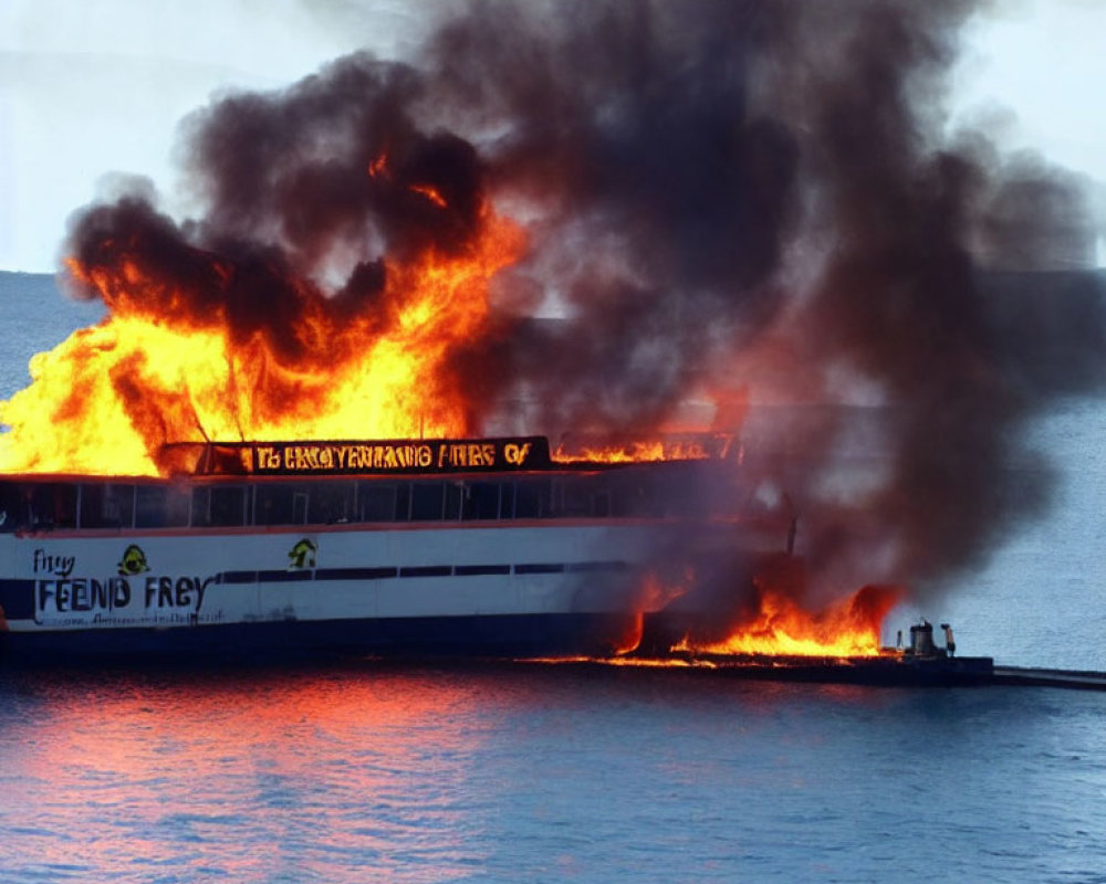 Ferry engulfed in flames with emergency response boat nearby