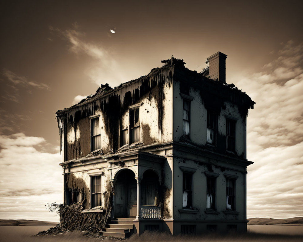 Abandoned two-story house in barren landscape with dark clouds and bird.