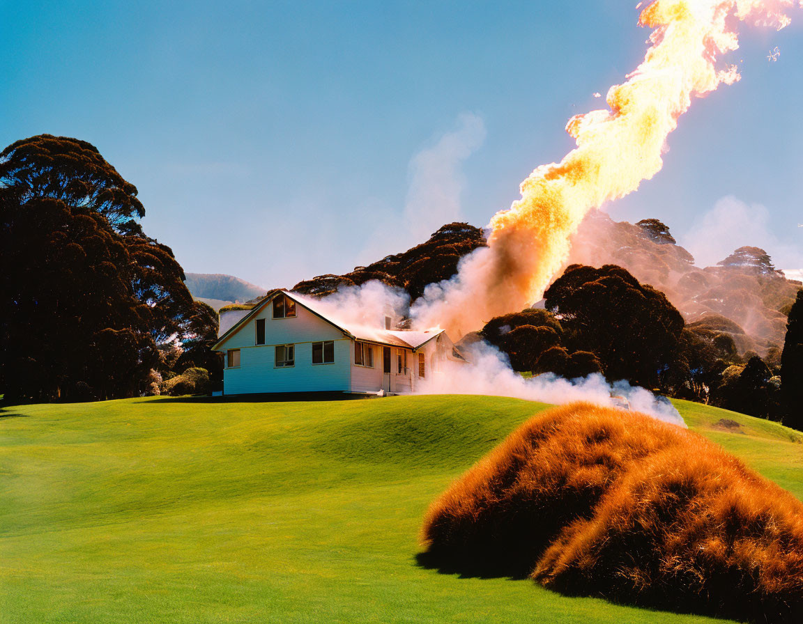 House on Golf Course Engulfed in Fire and Smoke