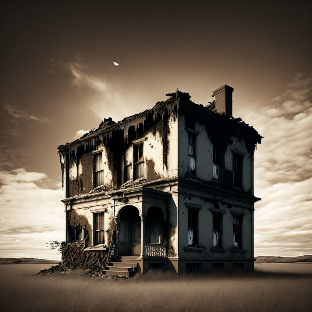 Abandoned two-story house in barren landscape with dark clouds and bird.