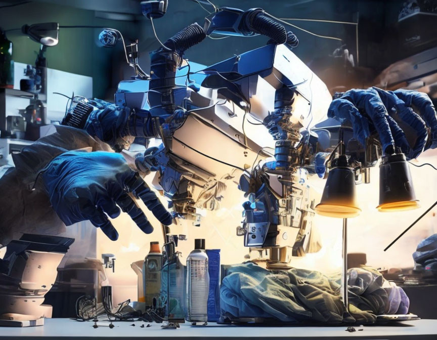 Detailed Illustration of Robot Performing Surgery in Futuristic Operating Room