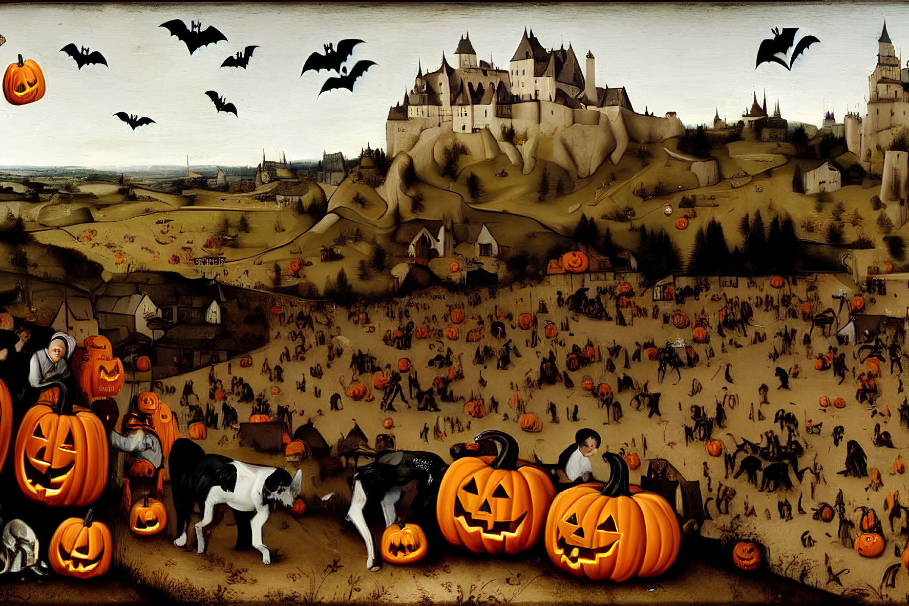 Medieval castle, bats, pumpkins, costumes, dog in Halloween artwork