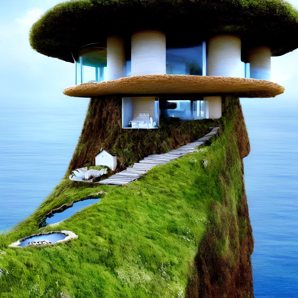 Mushroom-shaped house on cliff with cottage by pond