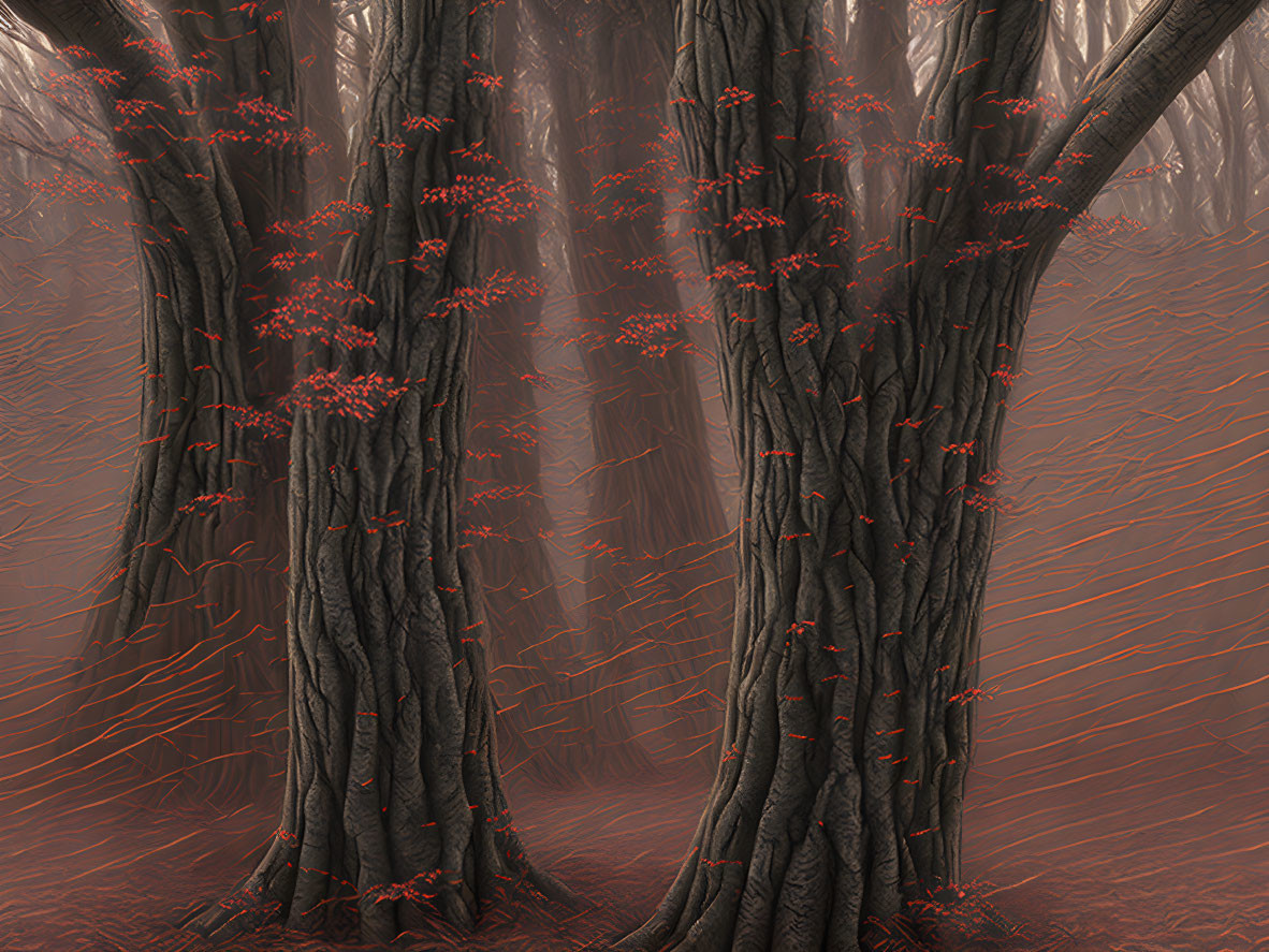 Dark forest with tall tree trunks & red foliage: eerie & enchanting.