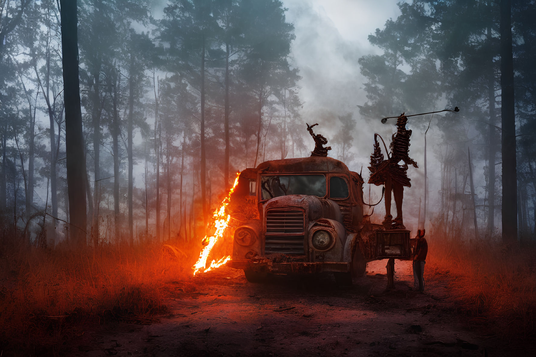 Old Truck with Fiery Exhaust and Skeleton Decorations in Mystical Forest