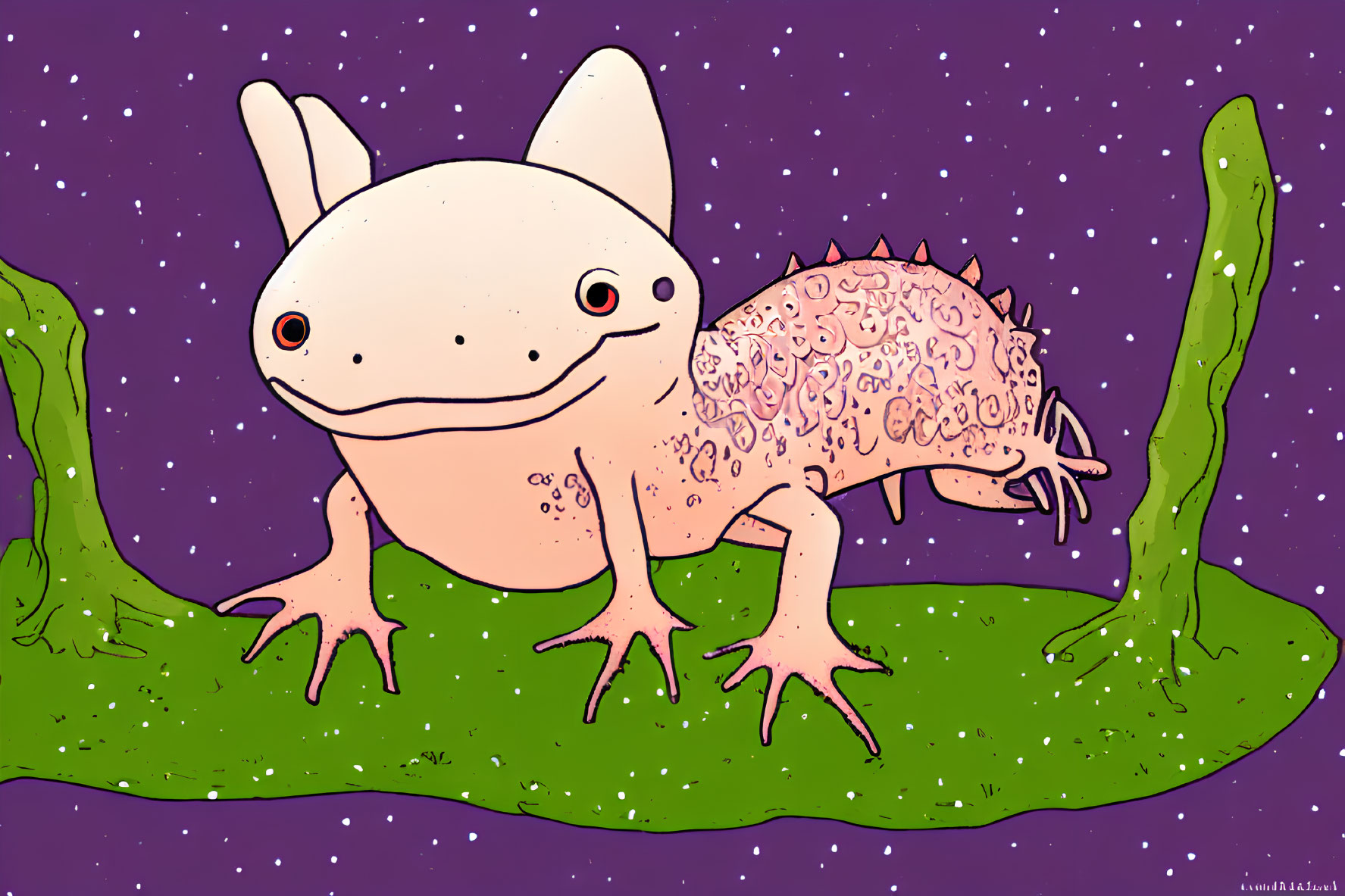 Hybrid creature with frog head and pink lizard body on starry background