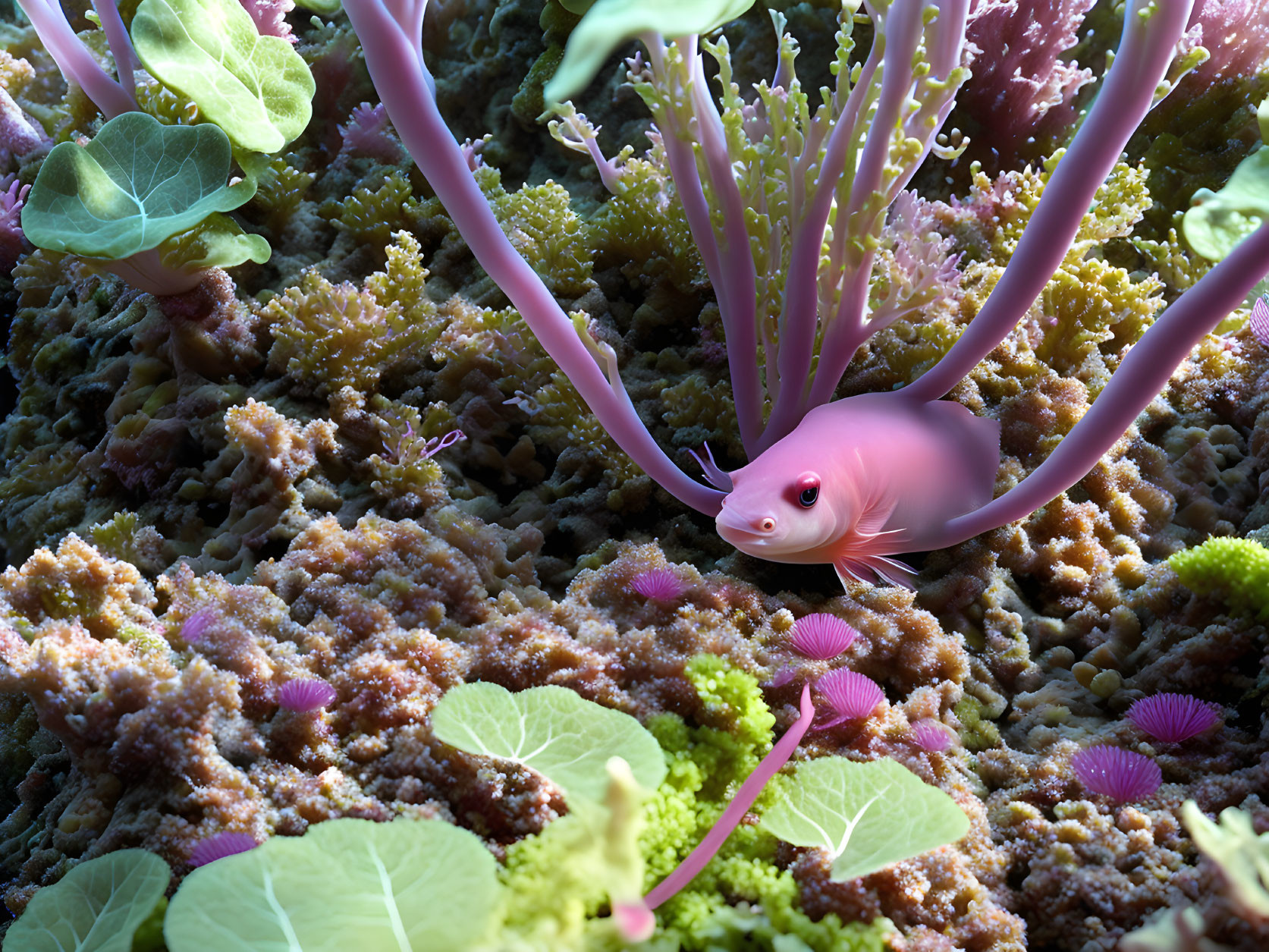 Pink Fish Swimming in Vibrant Underwater Coral Landscape