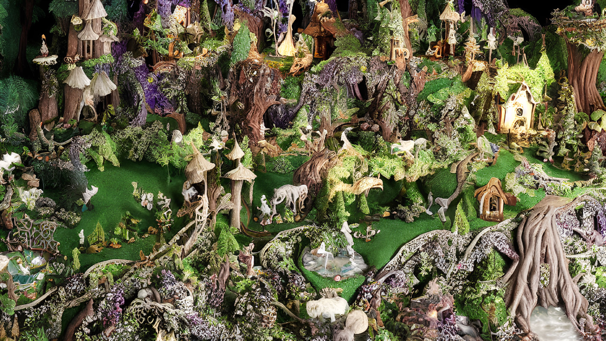 Detailed miniature fairy village in enchanted forest setting