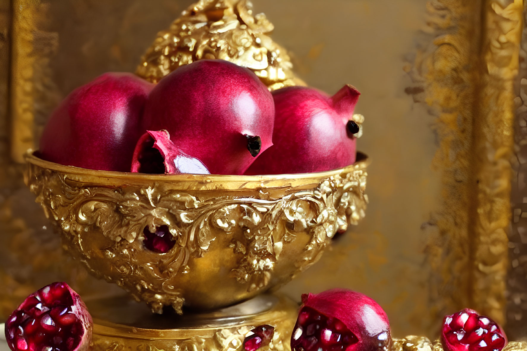 Golden ornate bowl with pomegranates in front of gilded frame