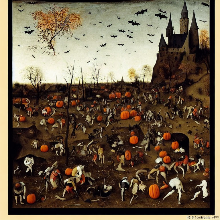 Surreal autumn scene with humanoid figures, pumpkin heads, animals, and castle.