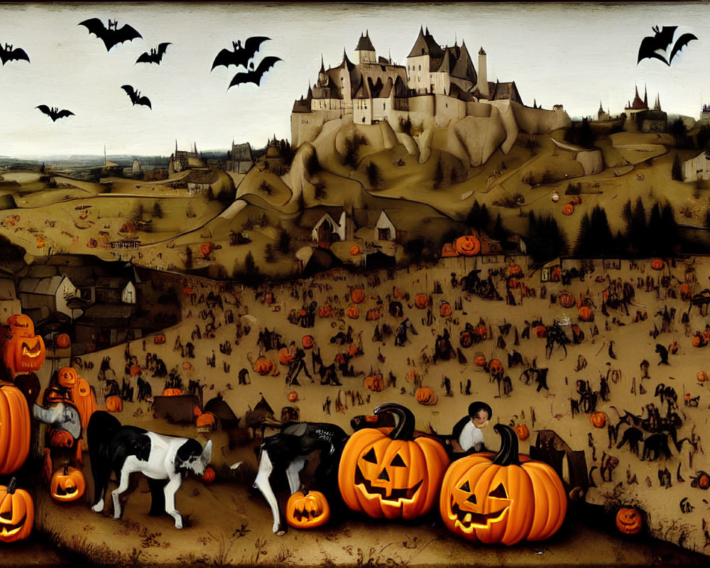 Medieval castle, bats, pumpkins, costumes, dog in Halloween artwork