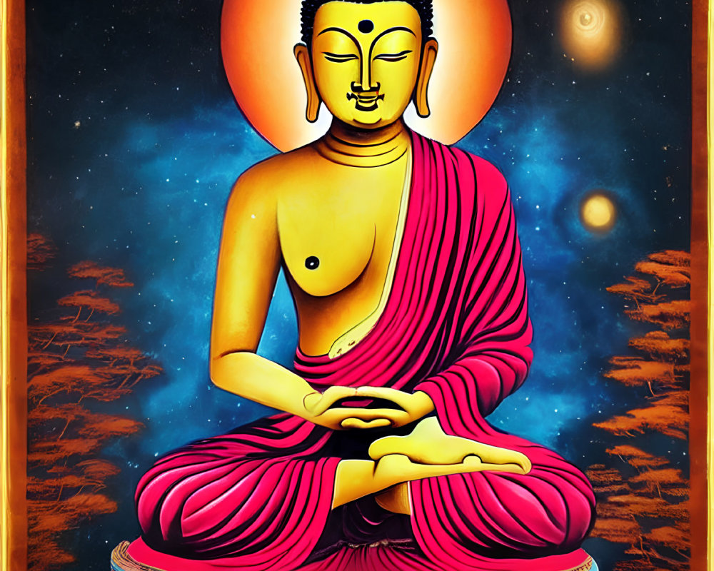 Colorful Buddha Meditation Painting with Cosmic Background