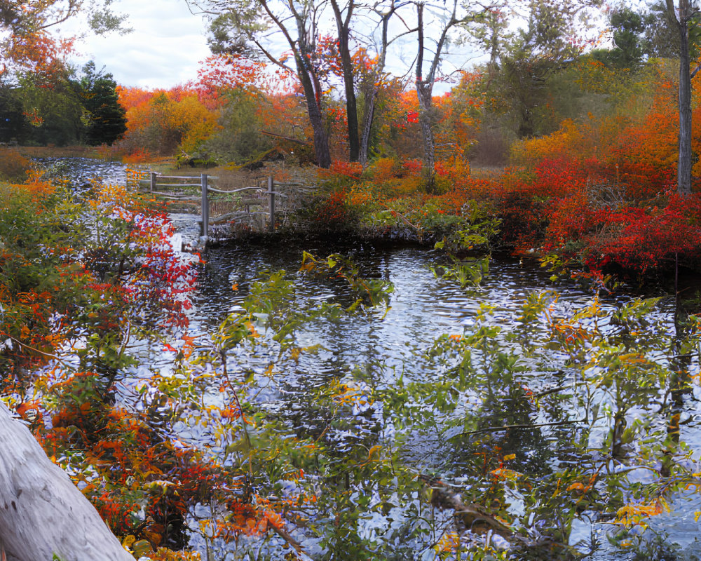 Tranquil pond with vibrant autumn trees and wooden bridge