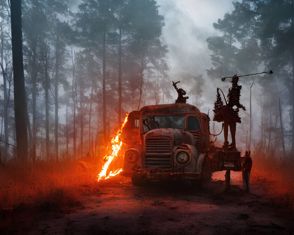 Old Truck with Fiery Exhaust and Skeleton Decorations in Mystical Forest