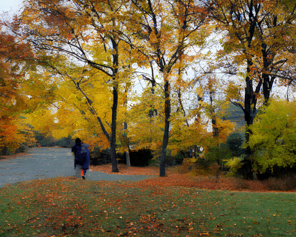 Vibrant autumn trees along leaf-strewn park path