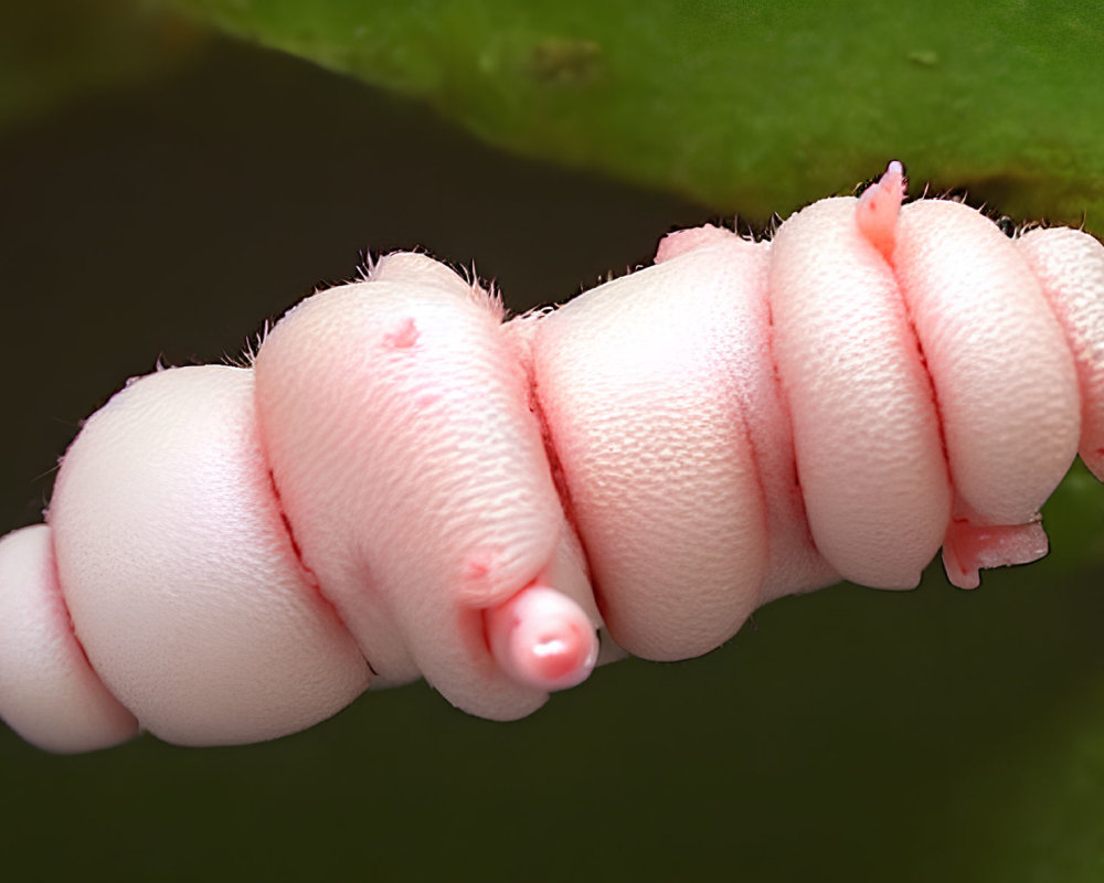 Segmented Pink Caterpillar Clinging to Green Leaf