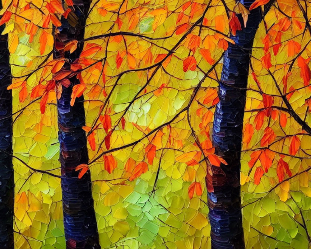 Vibrant mosaic artwork of orange leaf trees on yellow background