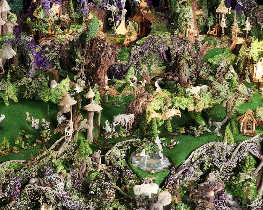 Detailed miniature fairy village in enchanted forest setting