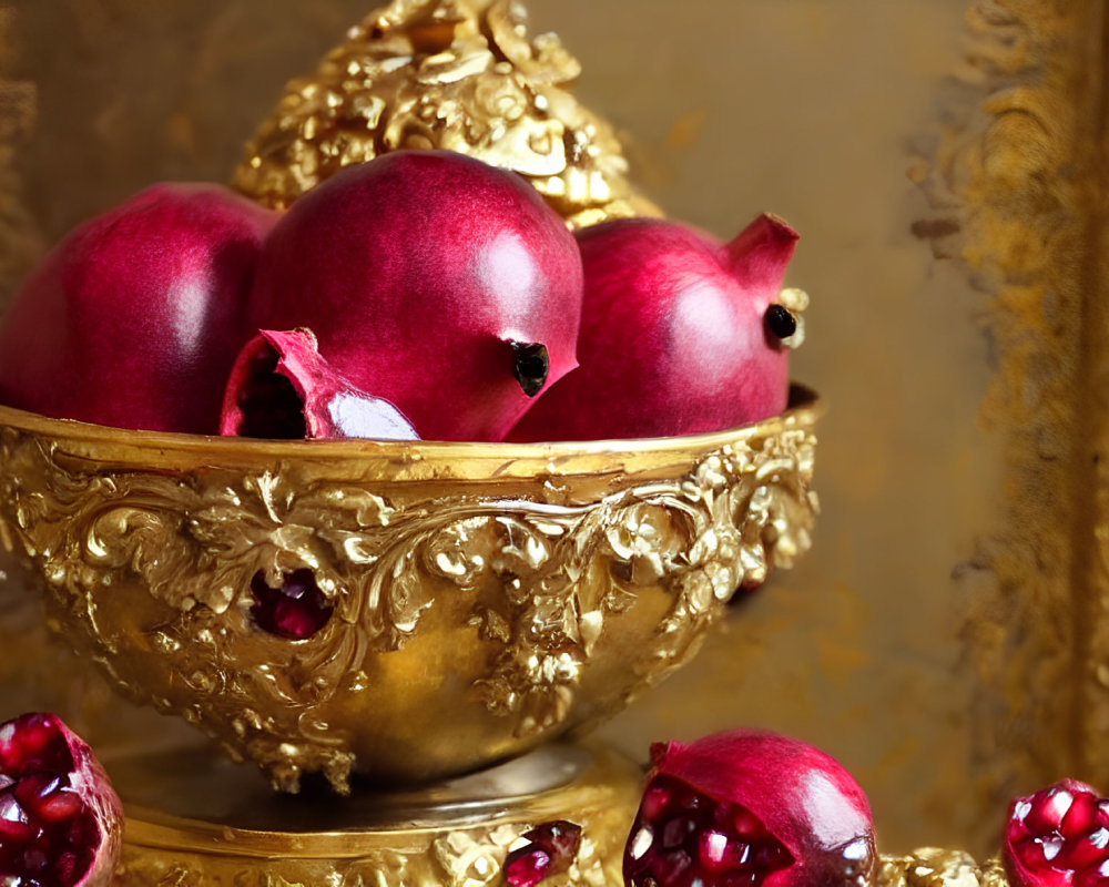 Golden ornate bowl with pomegranates in front of gilded frame