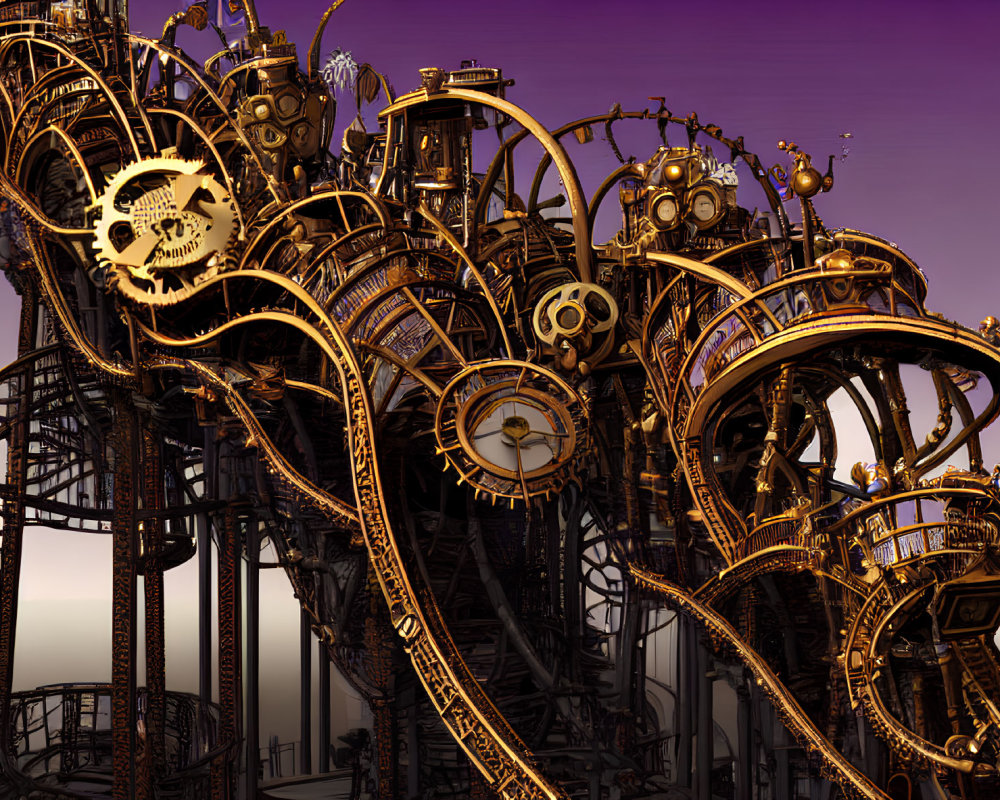 Intricate steampunk machinery with clock elements on dusky sky