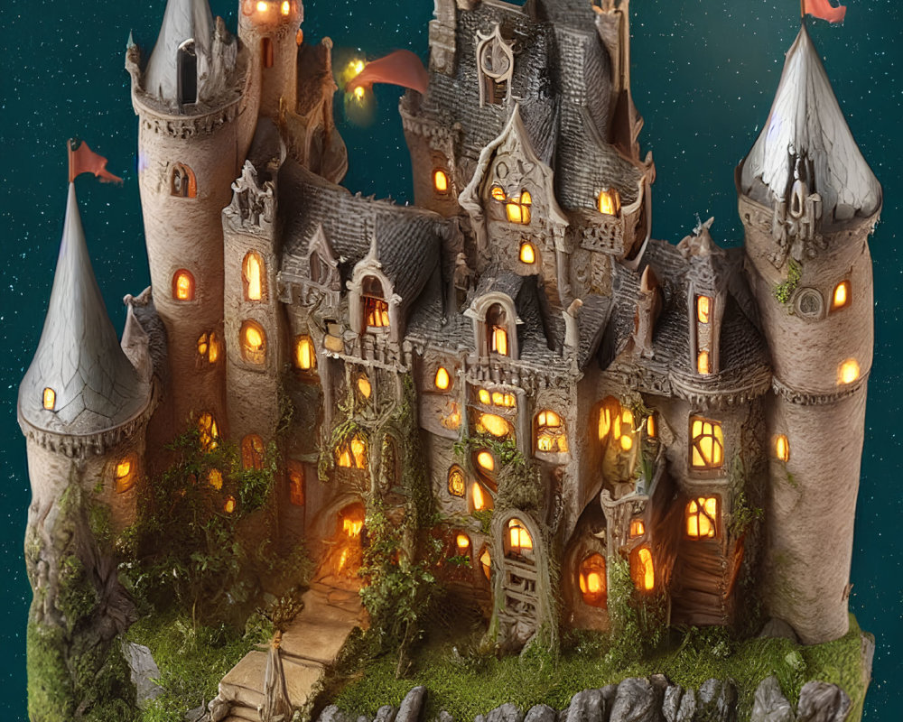 Detailed Fantasy Castle on Rocky Peak with Glowing Windows and Floating Lanterns