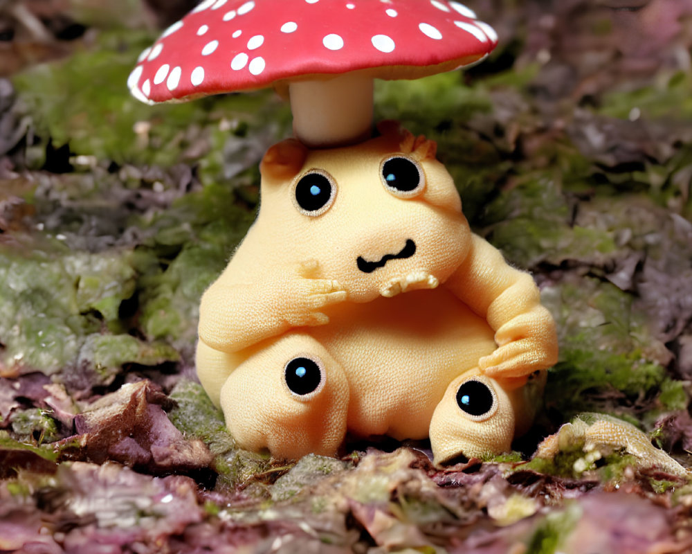 Yellow Plush Creature Under Red Polka-Dotted Mushroom in Forest