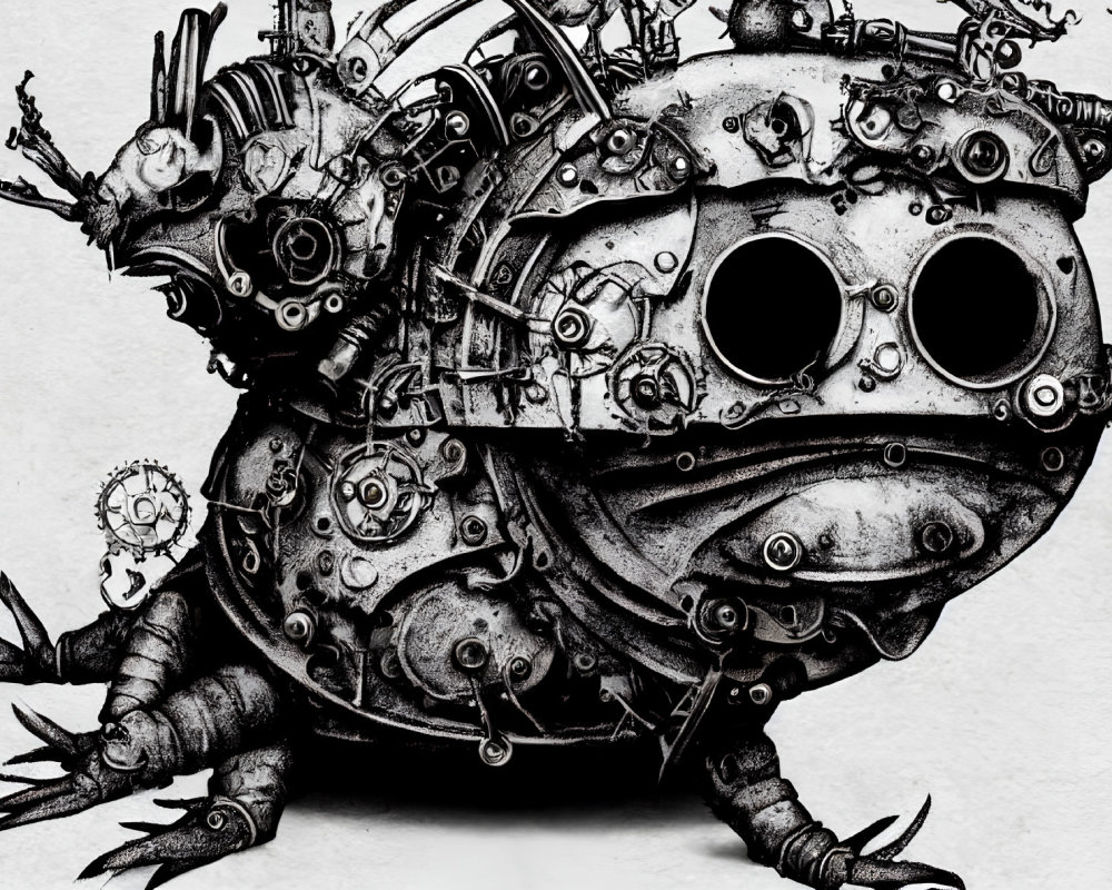 Monochrome steampunk mechanical heart drawing with gears and pipes