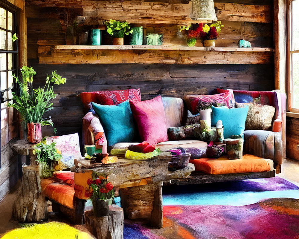 Rustic interior with colorful cushions, wooden bench, rugs, coffee table, and bright flowers