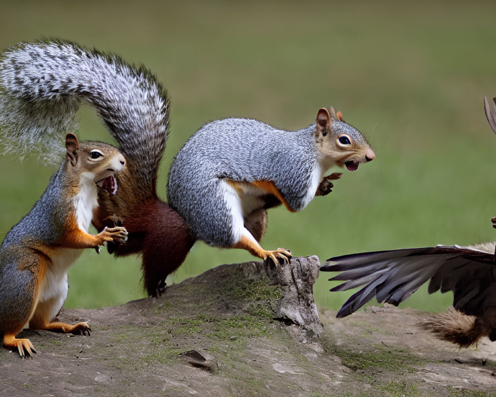 Squirrels and bird on log against green background