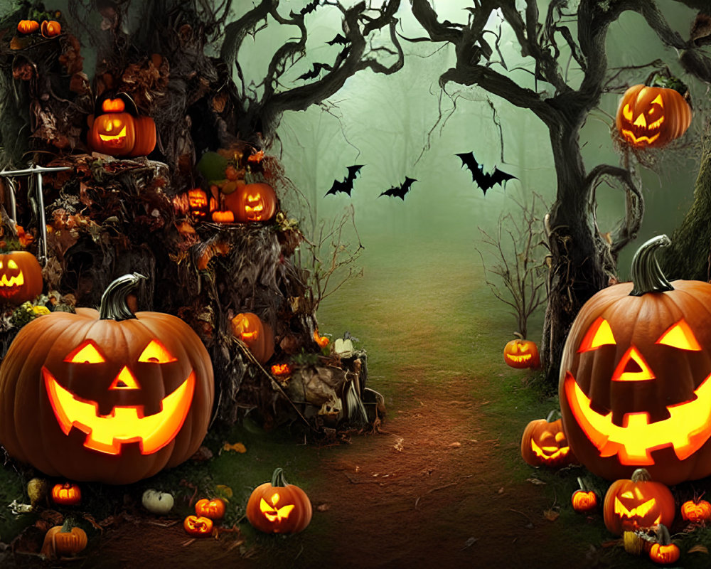 Spooky Halloween Scene with Carved Pumpkins, Bats, and Misty Forest Path