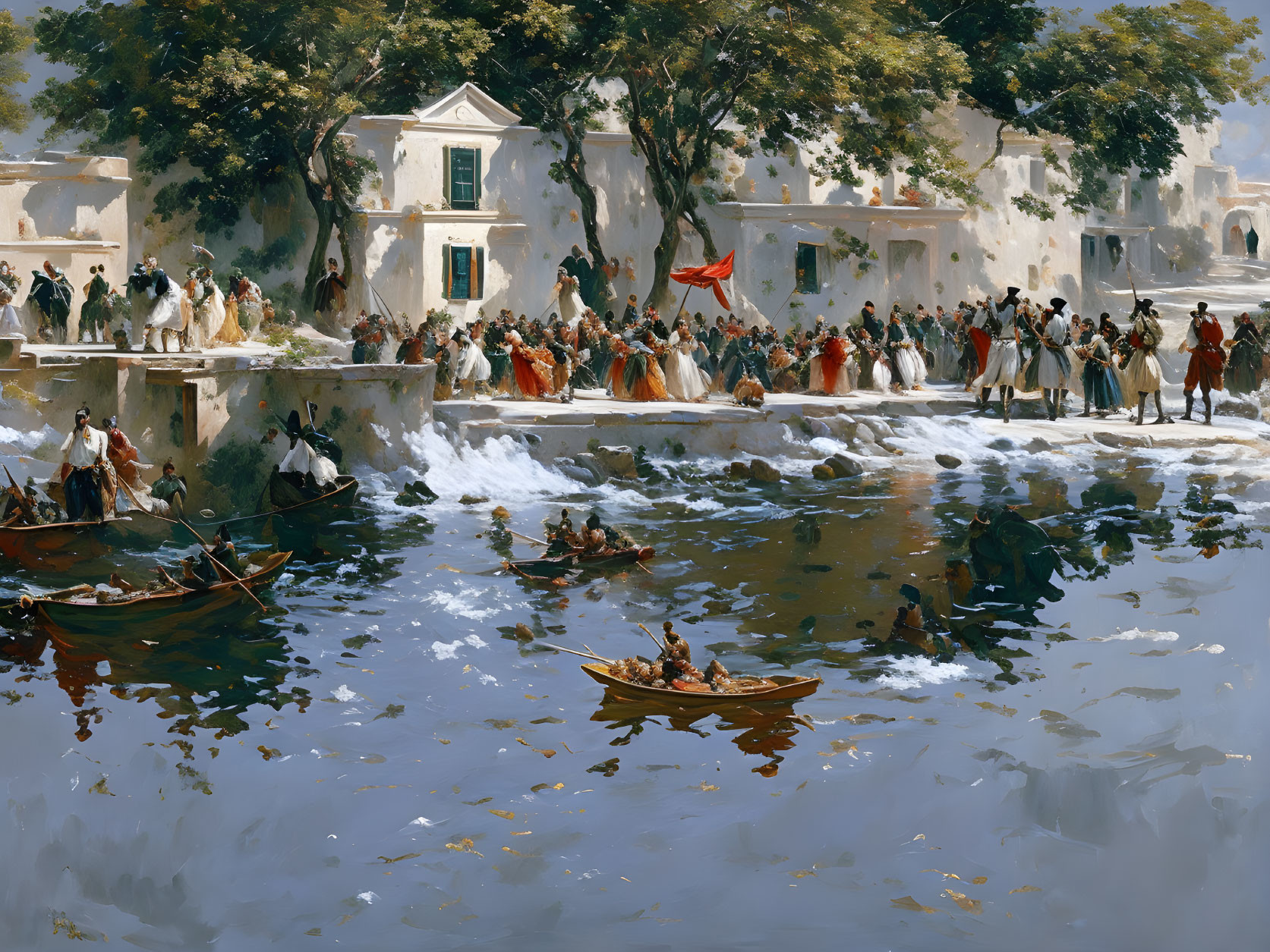 Historical scene with soldiers, boats, and red flag in classical painting