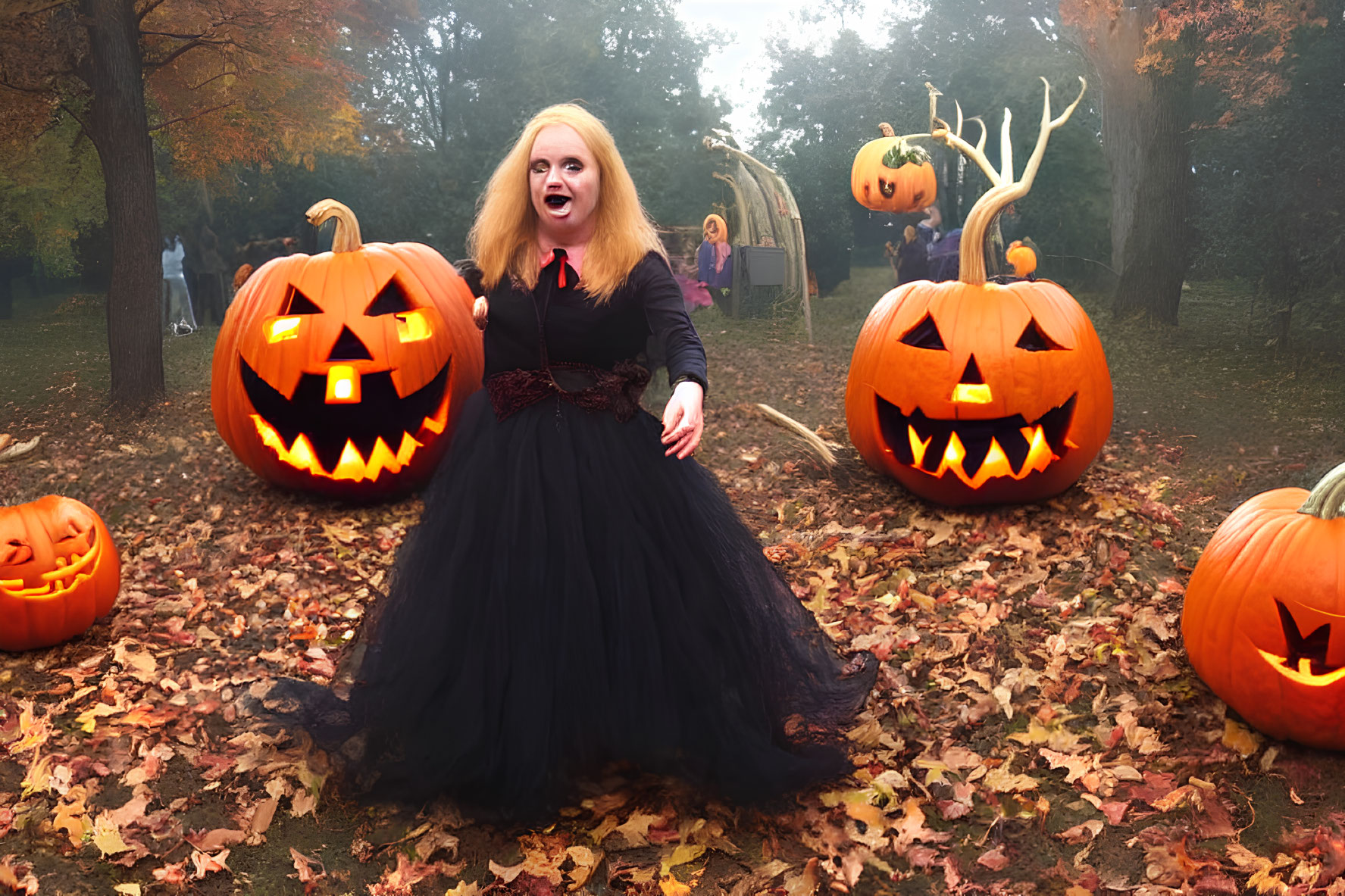 Person in Black Costume Surrounded by Carved Pumpkins in Autumn Scene