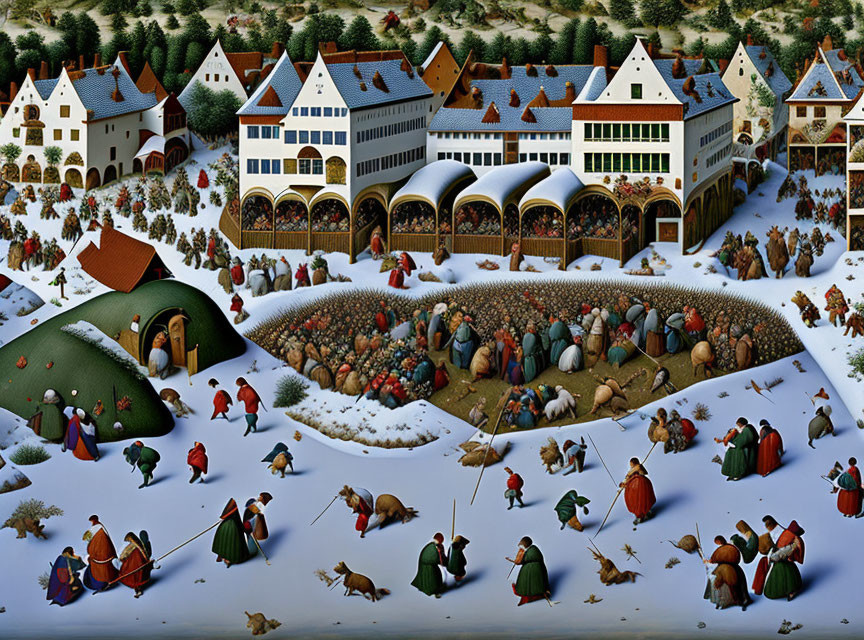 Medieval village scene with townsfolk, animals, and ornate buildings.