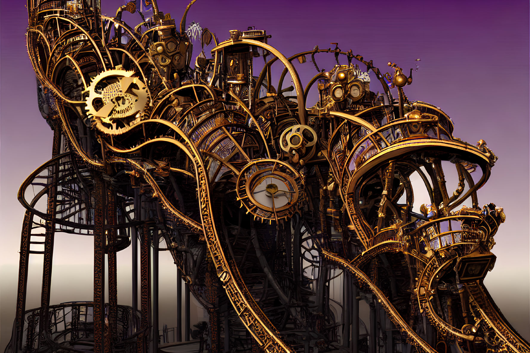 Intricate steampunk machinery with clock elements on dusky sky