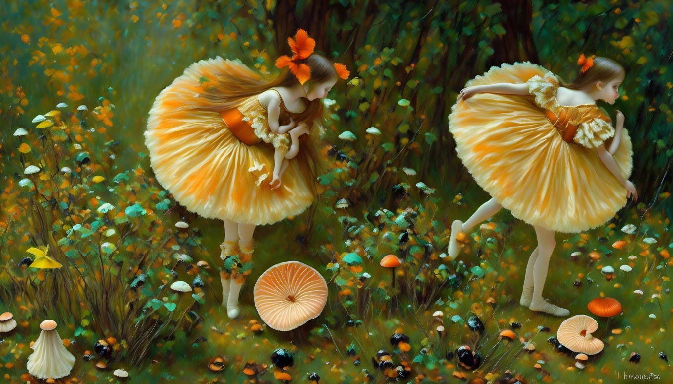 Whimsical forest scene with two girls in mushroom-like dresses